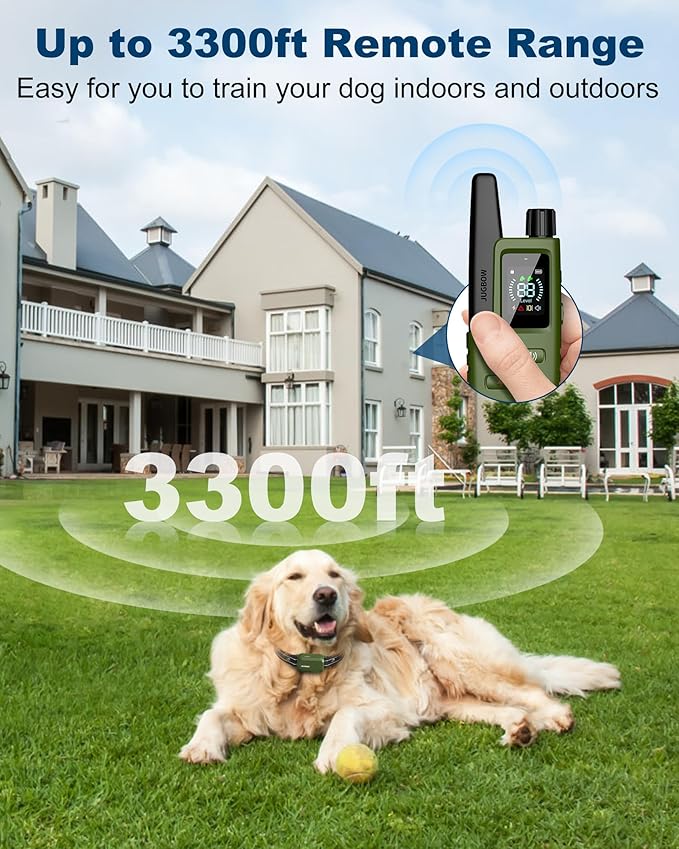 Jugbow Dog Shock Collar - 3300FT Dog Training Collar with Remote Innovative IPX7 Waterproof with 4 Training Modes, Rechargeable E-Collar for All Breeds FollowJugbowtoGetSurprise