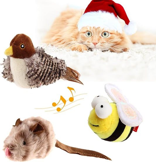 Gigwi Interactive Cat Toy Set, Squeaky Cat Feather Toys for Indoor Cats, 3PCS Cat Plush Toy Pack Including Mouse Hunt Cat Toy, Cat Chase Bird Toy, Cat Chirping Bee Toy - PAWPICO