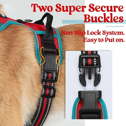 rabbitgoo Dog Harness, No-Pull Pet Harness with 2 Leash Clips, Adjustable Soft Padded Dog Vest, Reflective No-Choke Pet Oxford Vest with Easy Control Handle for Large Dogs, Red & Teal, L - PAWPICO