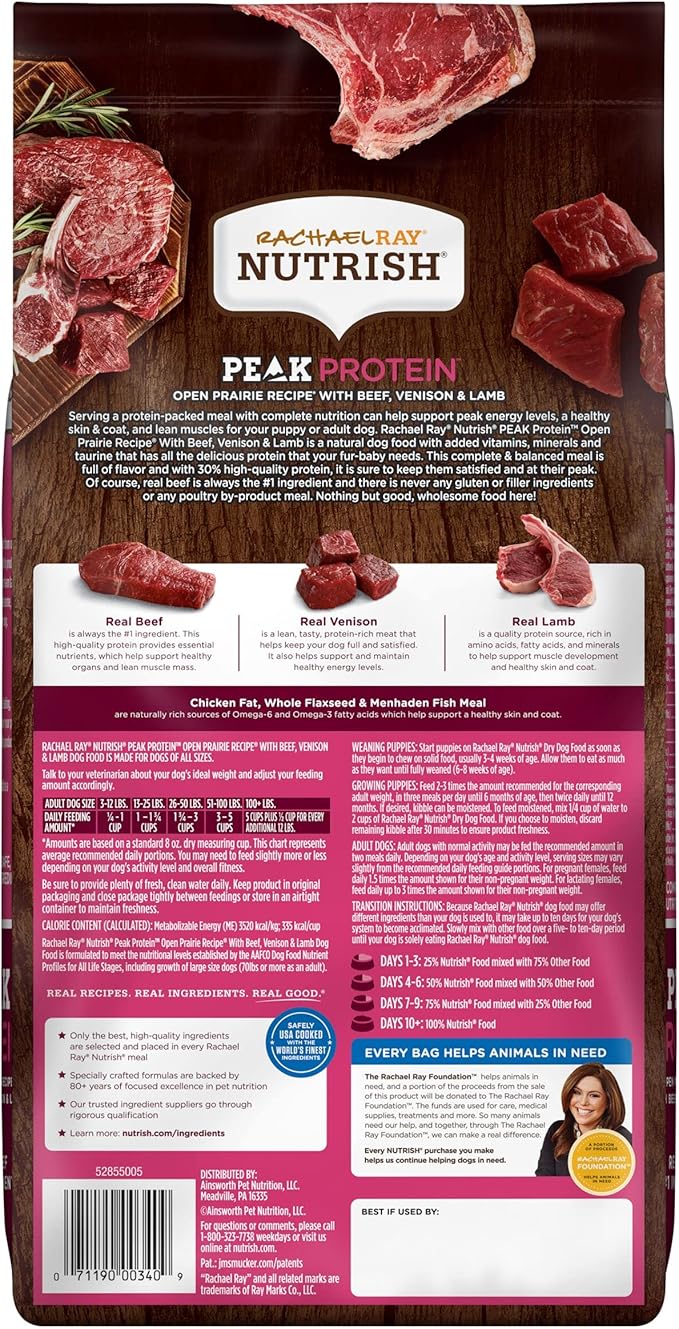 Rachael Ray Nutrish PEAK Natural Dry Dog Food, Open Prairie Recipe with Beef, Venison & Lamb, 4 Pounds, Grain Free (Packaging May Vary) - PAWPICO
