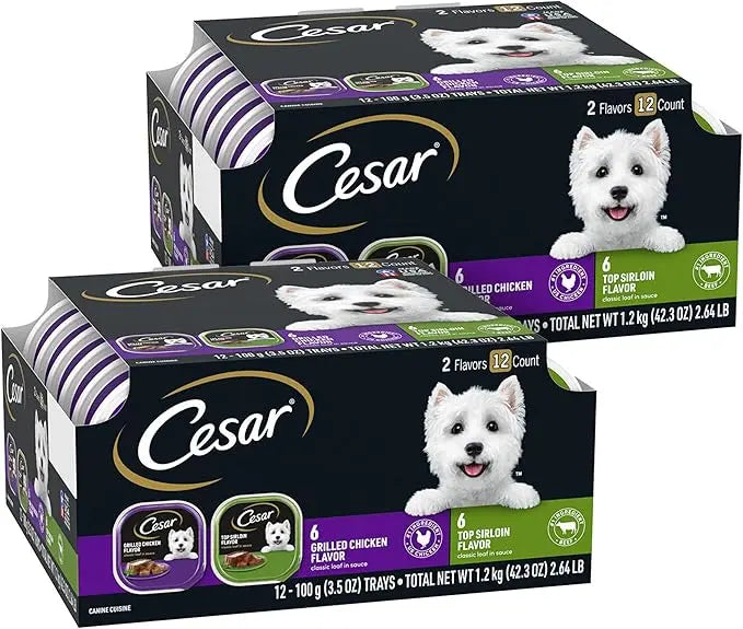 CESAR Wet Dog Food Classic Loaf in Sauce Top Sirloin & Grilled Chicken Flavors Variety Pack, (12) 3.5 oz. Easy Peel Trays, Pack of 2 - PAWPICO