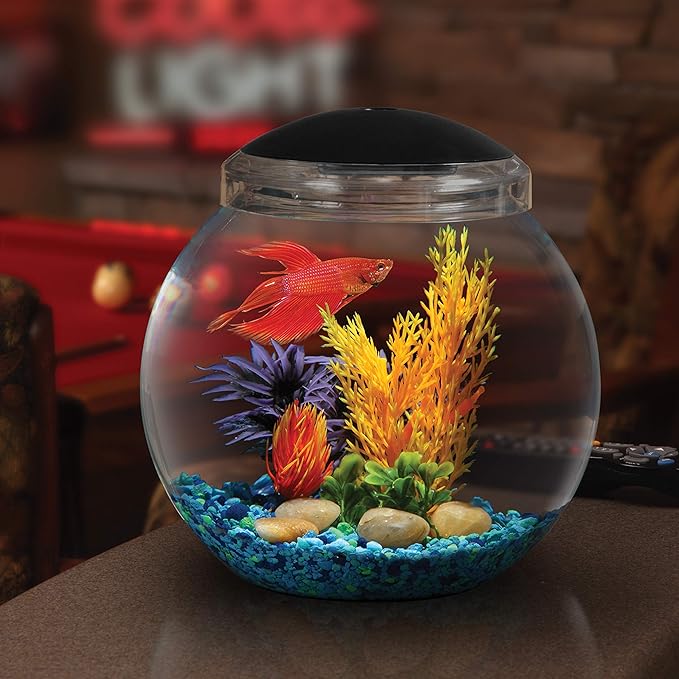 Koller Products 2-Gallon Fish Bowl, Impact- Resistant Plastic Betta Fish Tank with LED Lighting (7 Color Selections), Buit-in Timer, Crystal-Clear Clarity, Desktop Aquarium Tank for Home Décor DISCOVERTHEEXCITINGWORLDOFKEEPINGTROPICALFISH