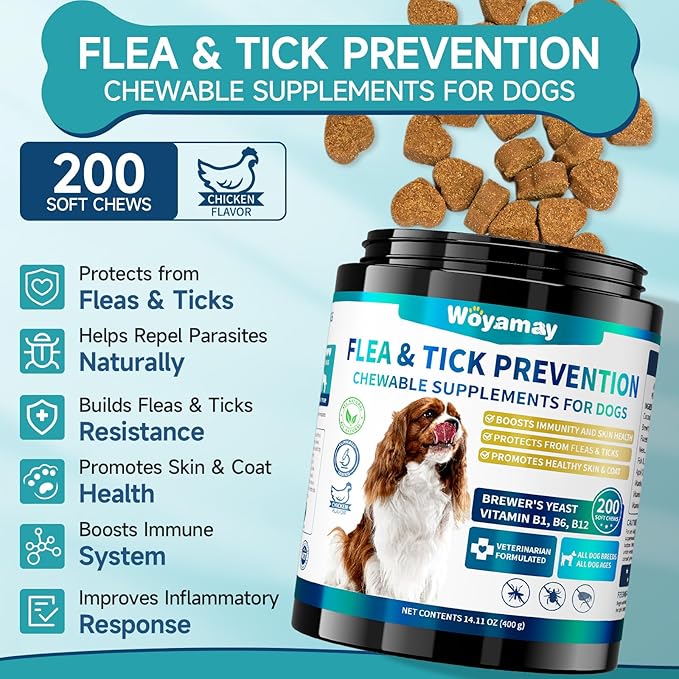 Flea and Tick Prevention for Dogs Chewables, 200 Soft Treats, Natural Dog Flea and Tick Treatment, Oral Flea Pills for Dogs Supplement, Flea and Tick Chews for Dogs Puppies, All Breeds & Sizes Woyamay