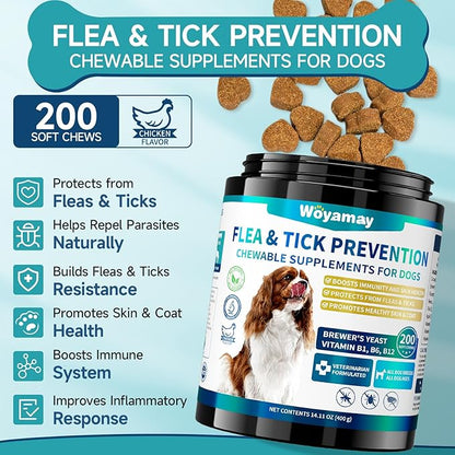Flea and Tick Prevention for Dogs Chewables, 200 Soft Treats, Natural Dog Flea and Tick Treatment, Oral Flea Pills for Dogs Supplement, Flea and Tick Chews for Dogs Puppies, All Breeds & Sizes Woyamay