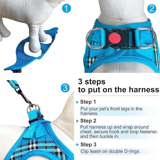 Dog Harness Step-in Breathable Puppy Cat Dog Vest Harnesses for Small Medium Dogs Blue Plaid - PAWPICO