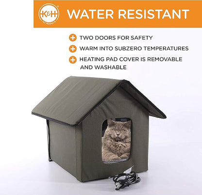 K&H Pet Products Outdoor Heated Kitty House, Outdoor Cat House for Outside Community Cats, Strays, and Ferals, Insulated Shelter, Warming Cold Weather House with Heated Pad for Winter, Cabin Design - PAWPICO