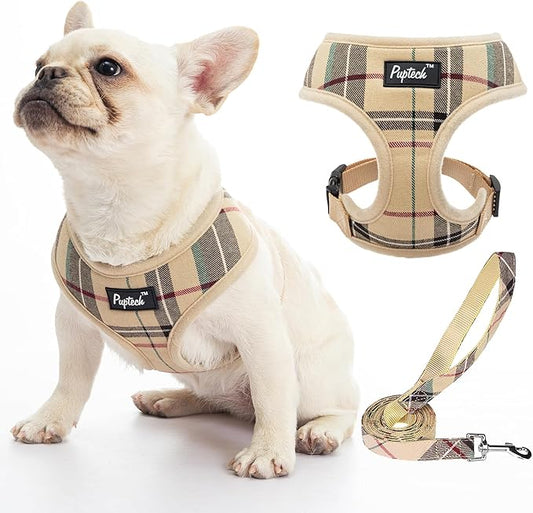 PUPTECK Soft Mesh Dog Harness and Leash Set Pet Puppy Cat Comfort Padded Vest No Pull Harnesses, Beige, S PUPTECK