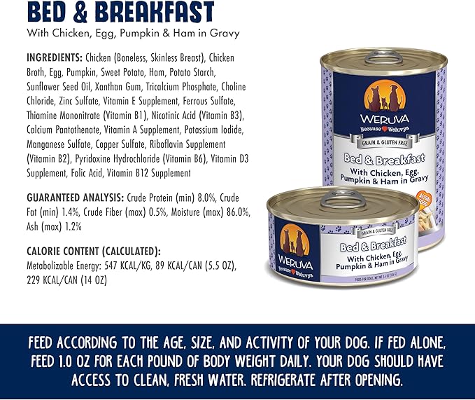 Weruva Classic Dog Food, Bed & Breakfast with Chicken, Egg, Pumpkin & Ham in Gravy, 14oz Can (Pack of 12) - PAWPICO