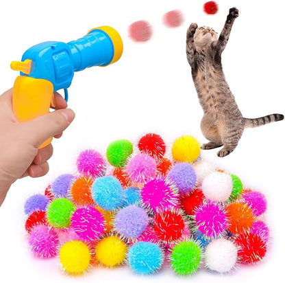 BooTaa Pet Toys, Interactive Cat Toy Set, 80pcs Glitter Pom-Poms Cat Ball Toy with 1 Launcher, Safe Soft Cat Toy Balls for Fetch, Training, Playing - PAWPICO
