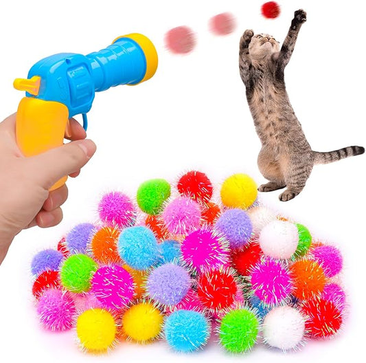 BooTaa Pet Toys, Interactive Cat Toy Set, 80pcs Glitter Pom-Poms Cat Ball Toy with 1 Launcher, Safe Soft Cat Toy Balls for Fetch, Training, Playing - PAWPICO