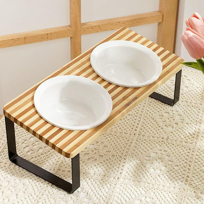 Sunhoo Ceramic Elevated Cat Bowls, Raised Puppy Dishes for Food and Water, Tilted Bamboo Stand for Anti Vomiting, Indoor 5.5 inch Wide Double Dish Orthopedic Anti-Vomiting (Yellow&Brown) - PAWPICO