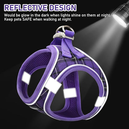 GAMUDA Small Dog Harness Collar and Leash Set, Step in No Chock No Pull Soft Mesh Adjustable Dog Vest Harnesses Plaid Reflective for Dogs Puppy Cats Kitten Rabbit (Purple, XL) GAMUDACollarsCollection