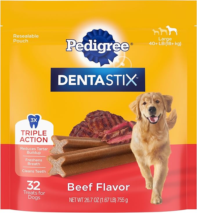 PEDIGREE DENTASTIX Large Dog Dental Treats Beef Flavor Dental Bones, 1.72 lb. Pack (32 Treats) - PAWPICO