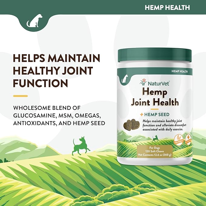 NaturVet – Hemp Joint Health For Dogs - Plus Hemp Seed | Supports Overall Joint Health | Enhanced with Glucosamine, MSM, Chondroitin & Antioxidants | 120 Soft Chews NaturVet