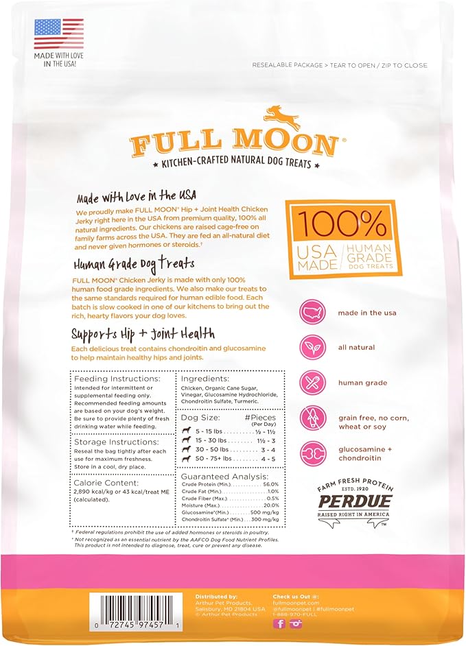 Full Moon Chicken Jerky Healthy All Natural Dog Treats Human Grade For Hip And Joint 12 oz - PAWPICO