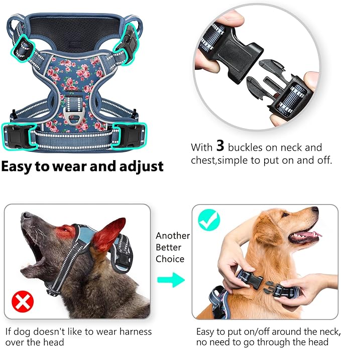 Timos Dog Harness, No Pull Dog Harness 3 Snap Buckles Adjustable Reflective No Choke Pet Vest for Small Dog with Soft Padded Control Training Handle for Outdoor Training,Flower Blue, XS Timos