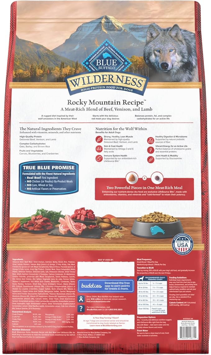 Blue Buffalo Wilderness Rocky Mountain Recipe High-Protein Adult Dry Dog Food, Made in the USA with Natural Ingredients Plus Wholesome Grains, Red Meat, 28-lb. Bag - PAWPICO