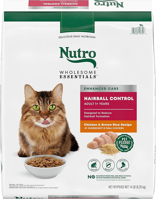 NUTRO WHOLESOME ESSENTIALS Adult Hairball Control Natural Dry Cat Food Farm-Raised Chicken & Brown Rice Recipe, 14 lb. Bag - PAWPICO