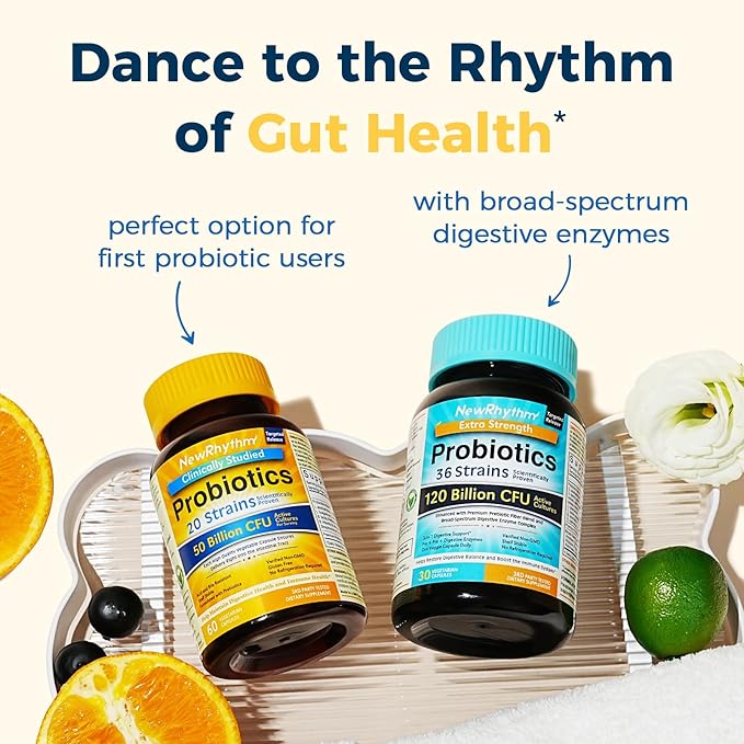 NewRhythm Probiotics 50 Billion CFU 20 Strains, 60 Veggie Capsules, Targeted Release Technology, Stomach Acid Resistant, No Need for Refrigeration, Non-GMO, Gluten Free NewRhythm
