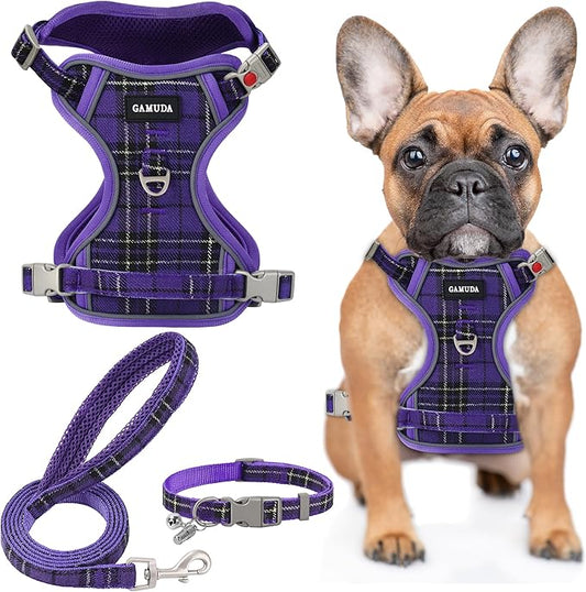 GAMUDA Dog Harness Collar and Leash Set, Dog Harness, No Chock No Pull Adjustable Vest Harnesses Plaid Reflective for Medium Dog, Cat, Small Horse, Small Bull and Pig (Purple, XS) GAMUDACollarsCollection