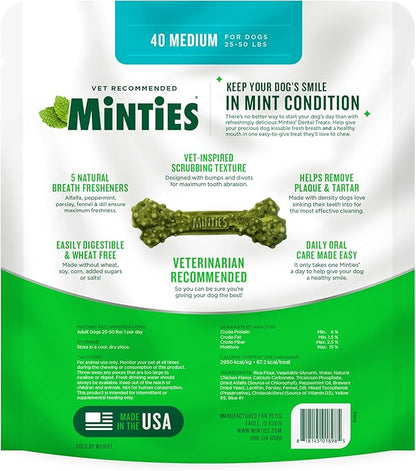 Minties Dental Chews for Dogs, 40 Count, Vet-Recommended Mint-Flavored Dental Treats for Medium Dogs 25-50 lbs, Dental Bones Clean Teeth, Fight Bad Breath, and Removes Plaque and Tartar Minties