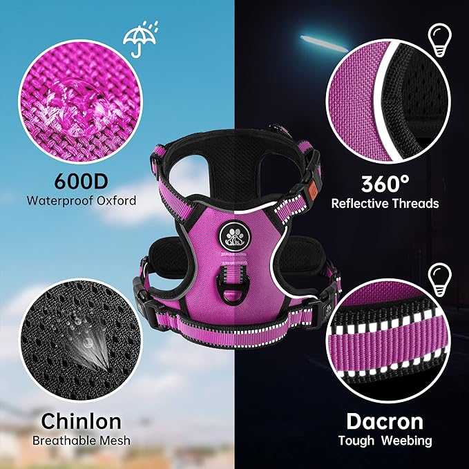 NESTROAD No Pull Dog Harness,Adjustable Oxford Dog Vest Harness with Leash,Reflective No-Choke Pet Harness with Easy Control Soft Handle for Small Medium Dogs(Medium,Fuchsia Pink) NESTROAD