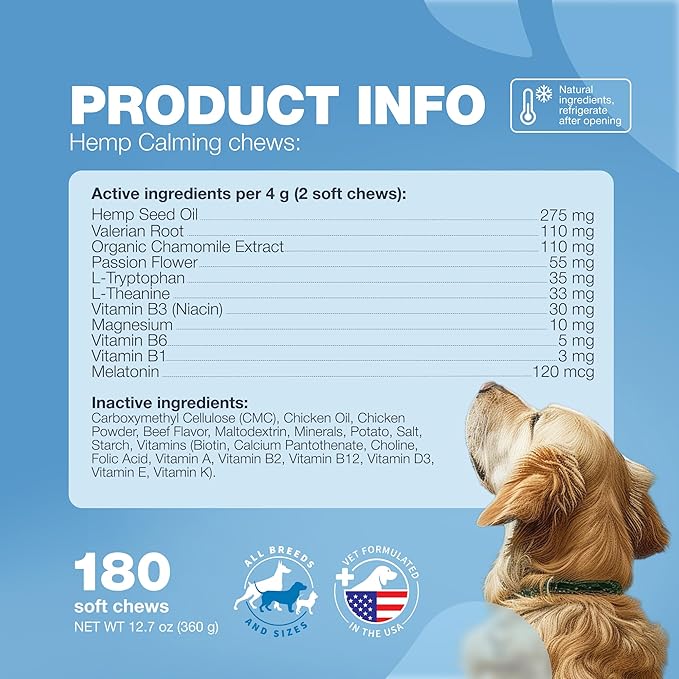 Hemp Calming Chews for Dogs - Dog Calming Treats - Anxiety Relief for Dogs with L-Theanine, Chamomile Extract, Valerian Root - Dog Anxiety Relief for Travel, Vet Visits, Thunderstorms, Nail Trimming CHEWIA