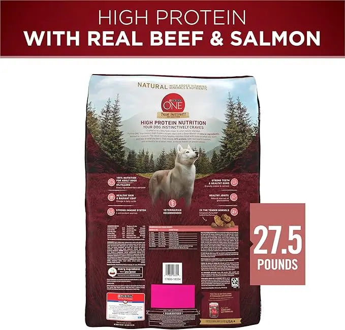 Purina ONE Natural High Protein Dry Dog Food Dry True Instinct with Real Beef and Salmon With Bone Broth and Added Vitamins, Minerals and Nutrients - 27.5 lb. Bag - PAWPICO