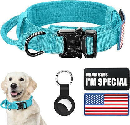 Tactical Dog Collar Military Dog Collar Adjustable Nylon Dog Collar Heavy Duty Metal Buckle with Handle for Dog Training,with Patches (Light Blue 1, L) Celifelight