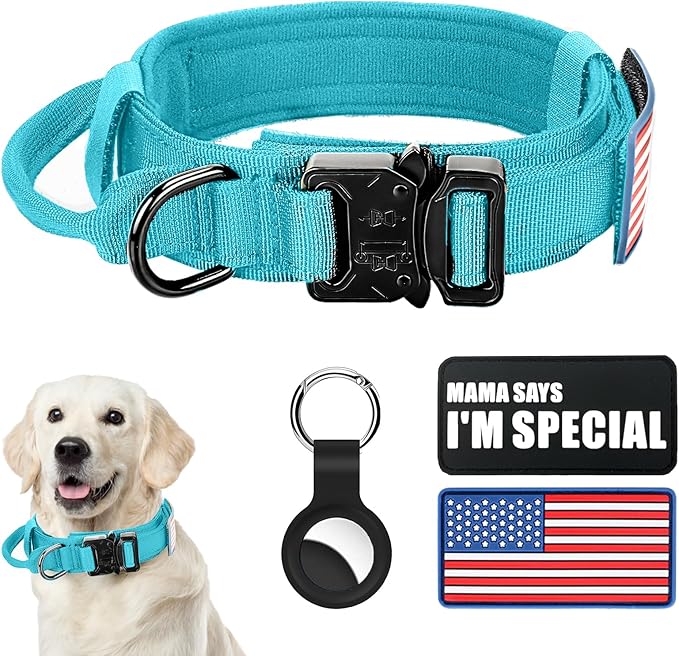 Tactical Dog Collar Military Dog Collar Adjustable Nylon Dog Collar Heavy Duty Metal Buckle with Handle for Dog Training,with Patches(Light Blue 1, XL) Celifelight