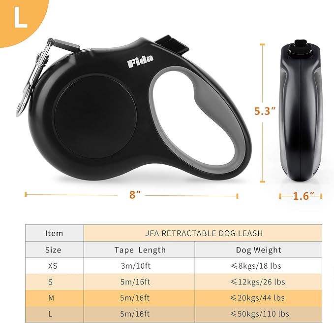 Fida Retractable Dog Leash Large Breed, Heavy Duty 16 ft Dog Walking Leash, up to 110 lbs, 360° Tangle Free, Black - PAWPICO