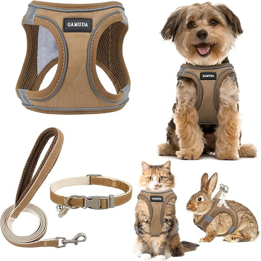 GAMUDA Small Pet Harness Collar and Leash Set, Step in No Chock No Pull Linen Fabric Soft Mesh Dog Vest Harnesses Reflective for Dogs Puppy Cats Kitten Rabbit (Brown, XXS) GAMUDACollarsCollection