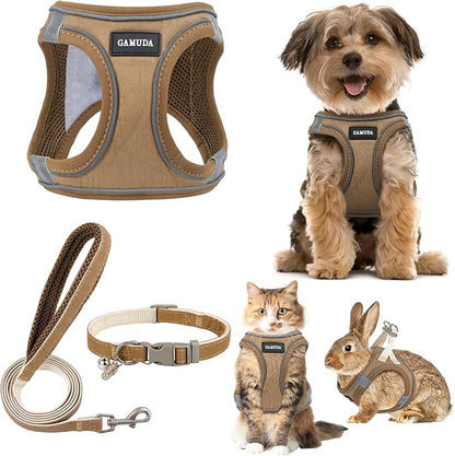 GAMUDA Small Pet Harness Collar and Leash Set, Step in No Chock No Pull Linen Fabric Soft Mesh Dog Vest Harnesses Reflective for Dogs Puppy Cats Kitten Rabbit (Brown, L) GAMUDACollarsCollection