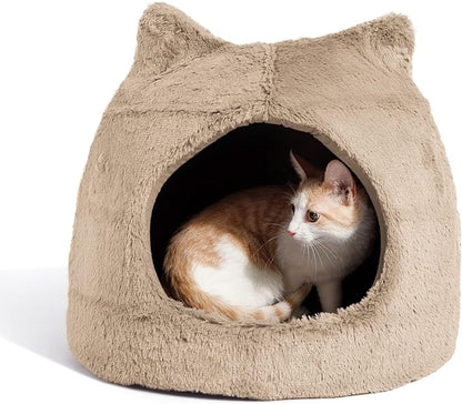 Best Friends by Sheri Meow Hut in Fur Cover Dome Cat and Dog Bed, Wheat, Small - PAWPICO