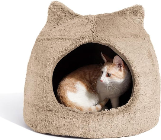 Best Friends by Sheri Meow Hut in Fur Cover Dome Cat and Dog Bed, Wheat, Small - PAWPICO