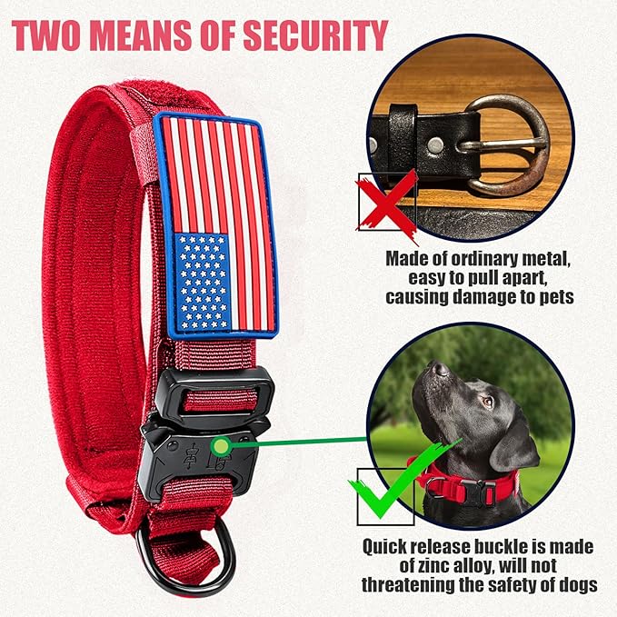 Tactical Dog Collar Military Dog Collar Adjustable Nylon Dog Collar Heavy Duty Metal Buckle with Handle for Dog Training,with Patches (Red, M) Celifelight