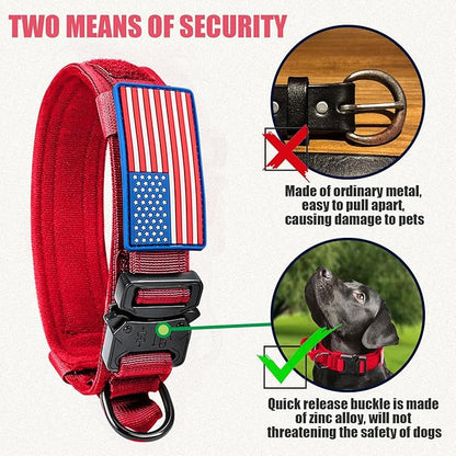 Tactical Dog Collar Military Dog Collar Adjustable Nylon Dog Collar Heavy Duty Metal Buckle with Handle for Dog Training,with Patches (Red, M) Celifelight