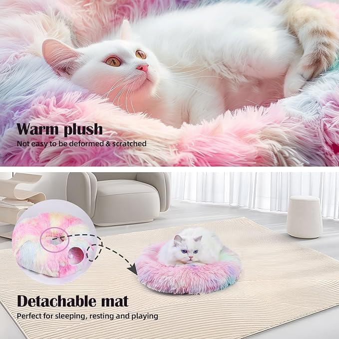 Odoland Cat Tunnels for Indoor Cats with Fluffy Plush Central Cat Couch and 20 Cat Toys, Tunnel Bed for Cats with Hanging Ball, Detachable Soft Mat and Variety Kitty Toy Set, Pink - PAWPICO
