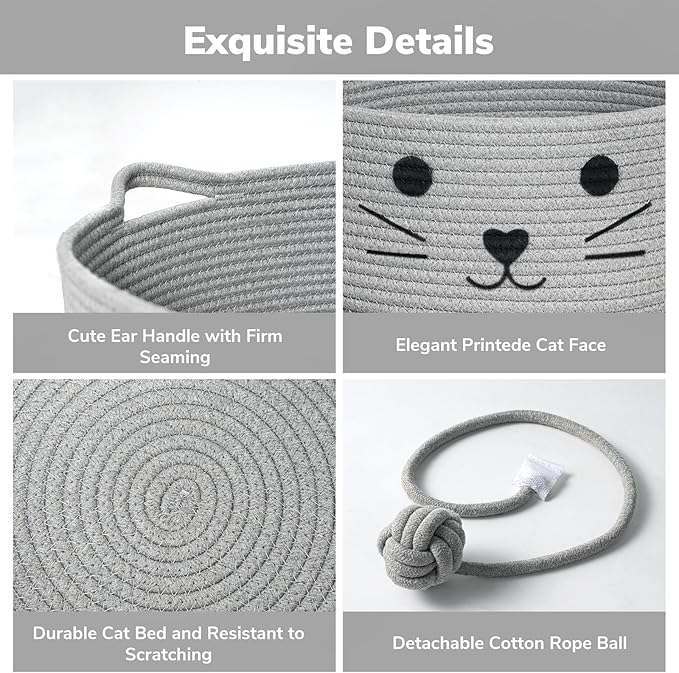 Cat Beds for Indoor Cats, Warm Soft Pet Bed Washable, Cute Cat Bed With Playing Rope Ball, Pet Gift Basket for Cat, Dog-15.7" L×5.9" H, Grey - PAWPICO