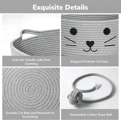 Cat Beds for Indoor Cats, Warm Soft Pet Bed Washable, Cute Cat Bed With Playing Rope Ball, Pet Gift Basket for Cat, Dog-15.7" L×5.9" H, Grey - PAWPICO