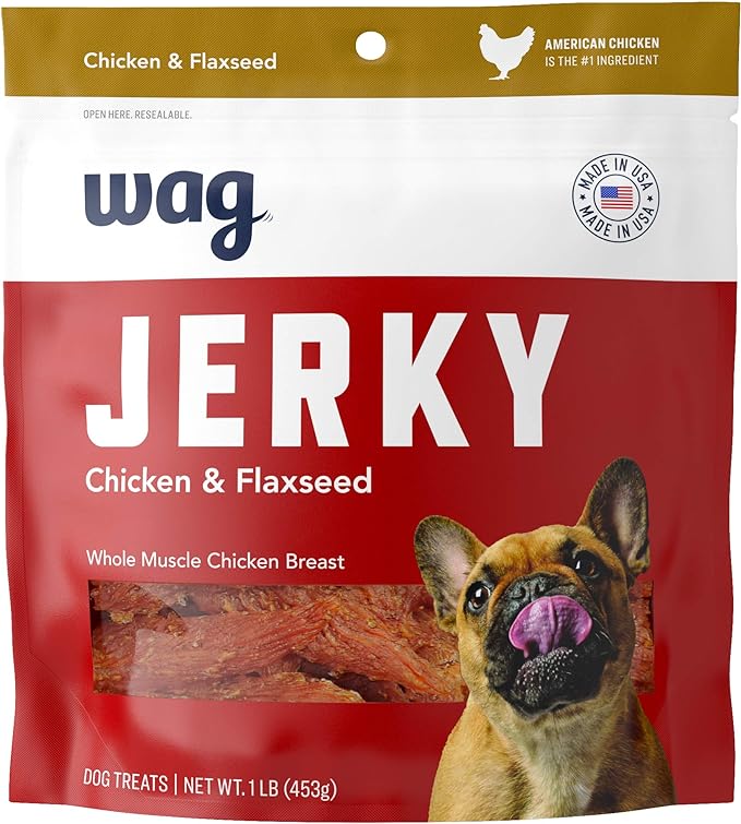Amazon Brand – Wag Chewy Whole Muscle American Jerky Dog Treats – Chicken & Flaxseed (1 lb), Grain Free - PAWPICO