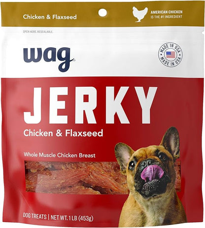 Amazon Brand – Wag Chewy Whole Muscle American Jerky Dog Treats – Chicken & Flaxseed (1 lb), Grain Free - PAWPICO