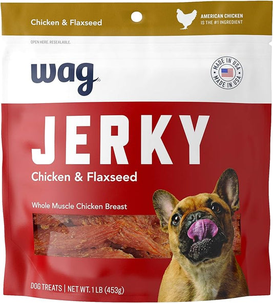 Amazon Brand – Wag Chewy Whole Muscle American Jerky Dog Treats – Chicken & Flaxseed (1 lb), Grain Free - PAWPICO