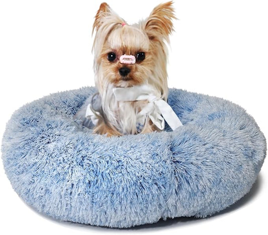 Blue and White Dog Bed Small Washable,Calming Dog Bed for Small Dogs,15 inches Donut Fluffy Pet Beds,Anti Anxiety Round Fits up to 5 lbs Soft Warm Pets Beds for Puppy Dogs Indoor - PAWPICO