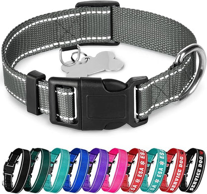 TECEUM Reflective Pet Collar – Gray – L – Basic Nylon Dog Collar – Quick Release Buckle – Fits Small, Medium and Large Dogs, Puppies, Cats – ESA & Service Dog Options TECEUM