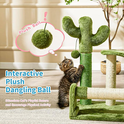 Made4Pets Cat Scratching Post, Cactus Scratcher Tree for Indoor Small Cats, Adult Kitten Scratch Pad with Natural Sisal Ropes, Cute Kitty Nail File Vertical Scratcher with Green Carpet Cover - PAWPICO