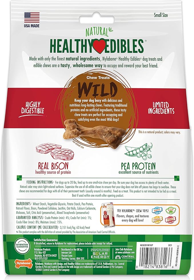 Nylabone Healthy Edibles Wild Natural Long-Lasting Bison Flavor Bone Chew Treats for Dogs, Small (16 Count) (Pack of 2) - PAWPICO