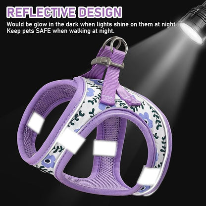 GAMUDA Small Dog Harness Collar and Leash Set, Step in No Chock No Pull Soft Mesh Adjustable Dog Vest Harnesses Plaid Reflective for Dogs Puppy Cats Kitten Rabbit (Purple Flower, M) GAMUDACollarsCollection