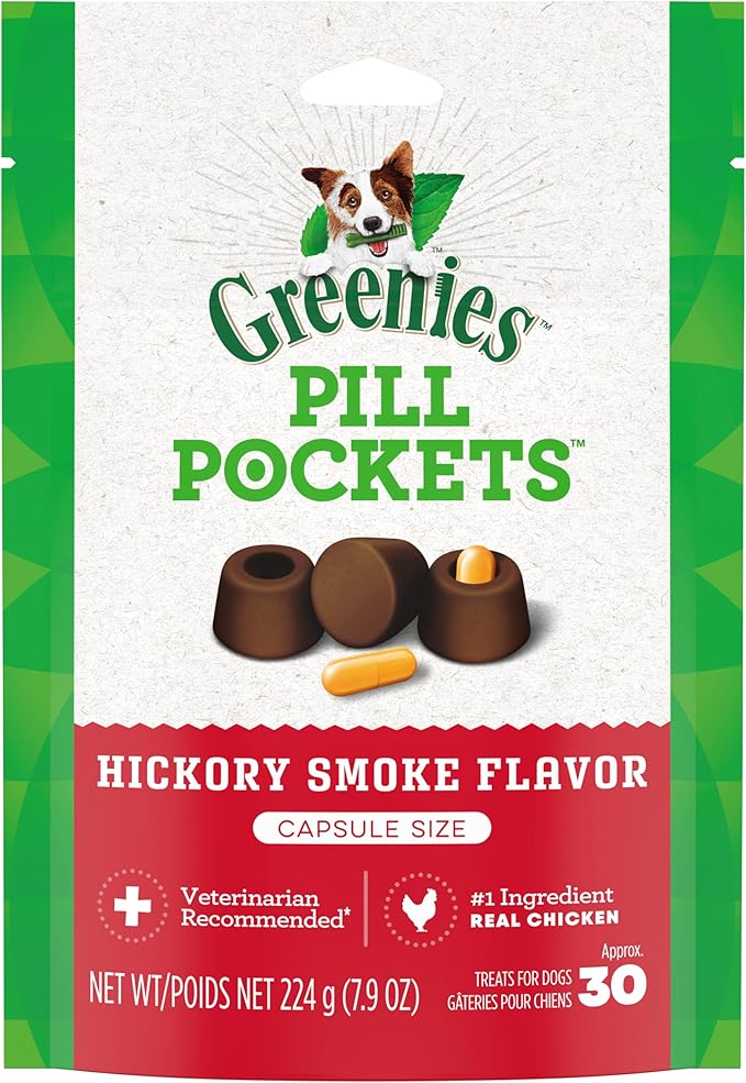Greenies Pill Pockets for Dogs Capsule Size Natural Soft Dog Treats, Hickory Smoke Flavor, (6) 7.9 oz. Packs (180 Treats) - PAWPICO