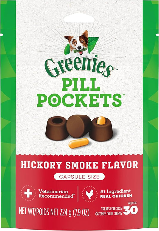 Greenies Pill Pockets for Dogs Capsule Size Natural Soft Dog Treats, Hickory Smoke Flavor, (6) 7.9 oz. Packs (180 Treats) - PAWPICO
